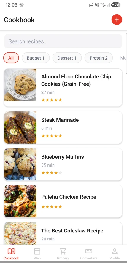 Food Butler cookbook screen with imported recipes, photos, cook times, and ratings