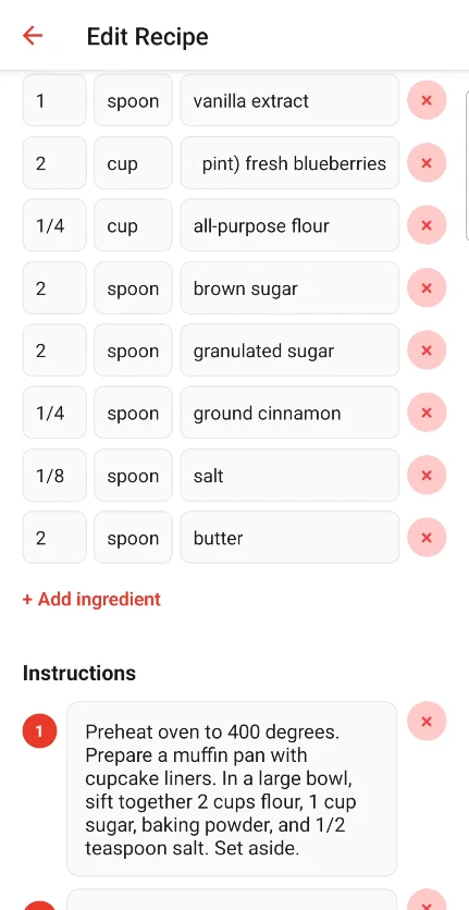 An imported recipe in Food Butler with every ingredient parsed and editable