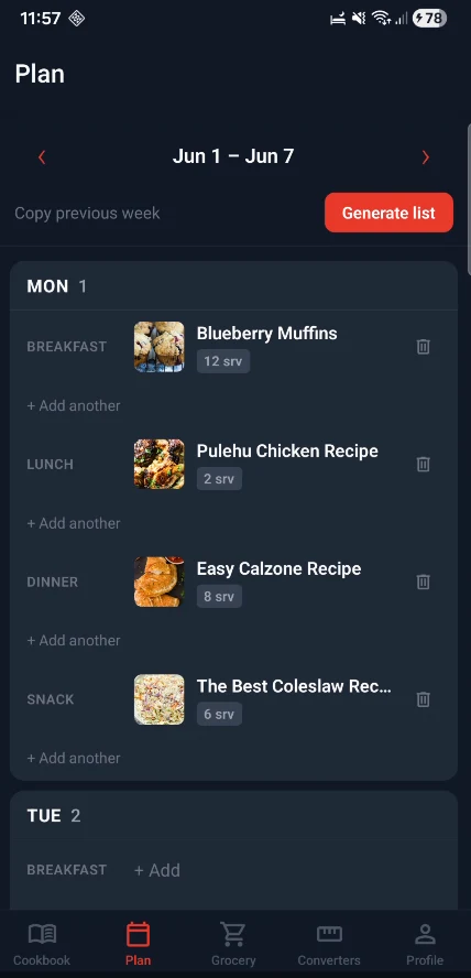 Food Butler weekly plan with breakfast, lunch, dinner, and snacks for each day