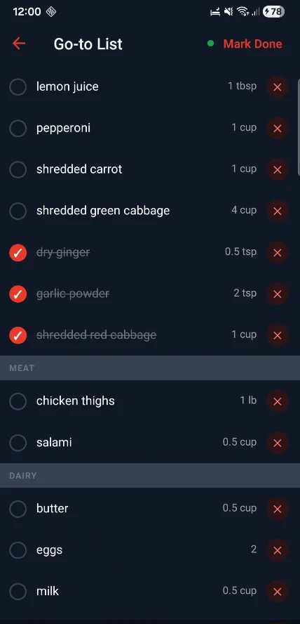 Food Butler grocery list organized by department with check-off items